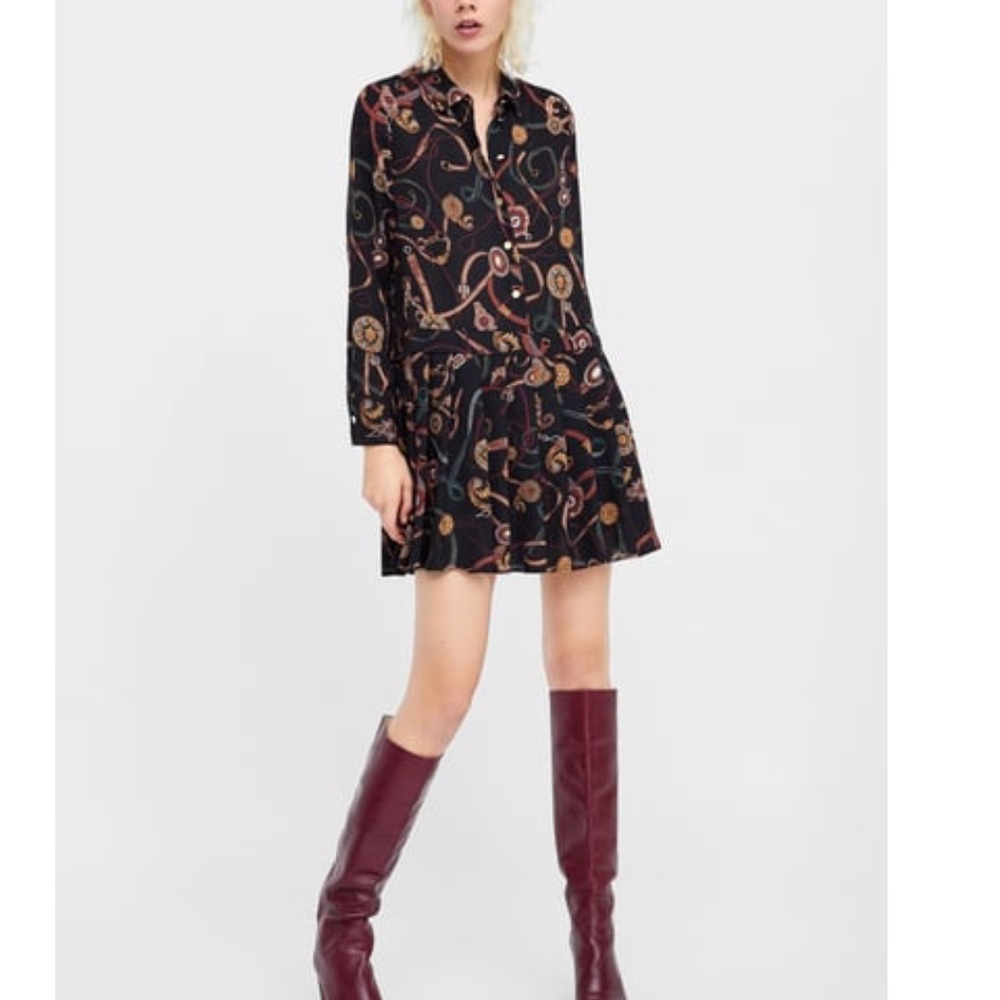 ZARA Collared Pleat Skirt Longsleeve Dress NWT